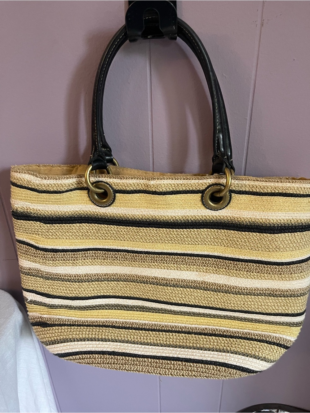 Striped Straw Tote Bag with Black Handles medium sized,
